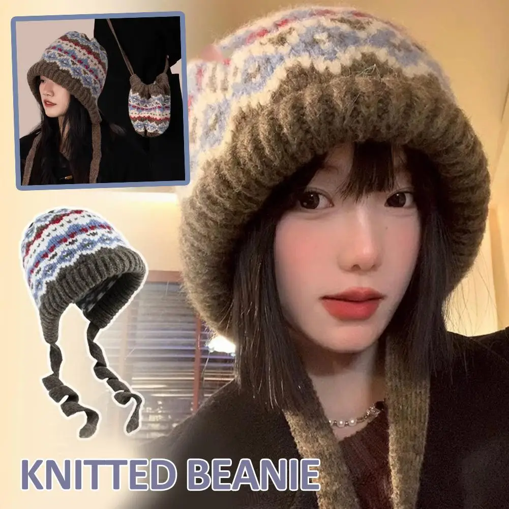 Winter Hat Knitted Hat Women Ethnic Style Striped Spliced Knitted Woolen Hat For Autumn And Winter Thickened Warm And Cold Resistant Ear Protection