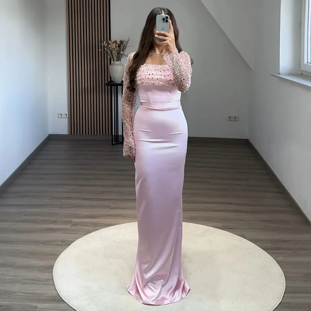 Pale Pink Evening Dress Customized Square Neck Long Sleeves Sequined Floor Length Satin Mermaid Prom Gown Pageant Party Dresses 6