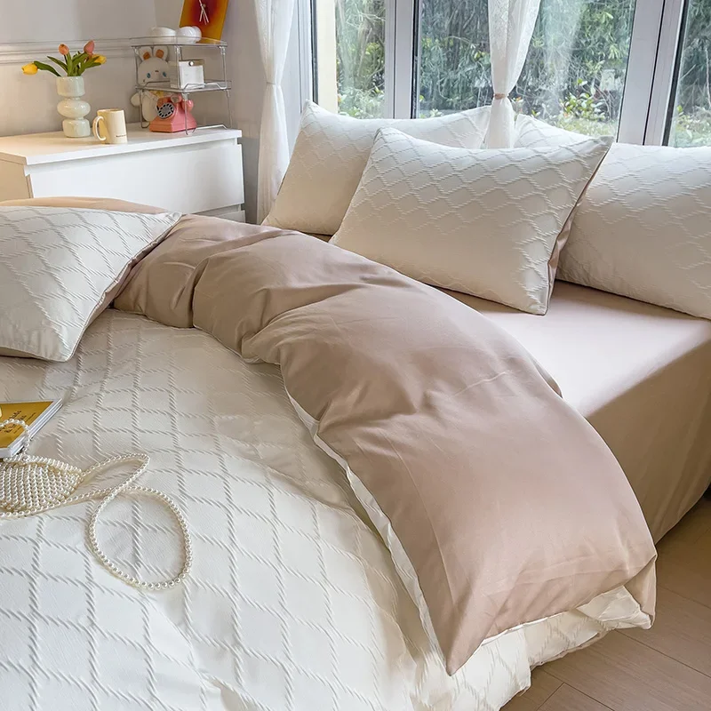 

Smooth Bubble Yarn Bedding Set غطاء سرير النوم White and Khaki Bed Sheet Sets Single/Queen/King Size Bed Linen 220x240Bedclothes