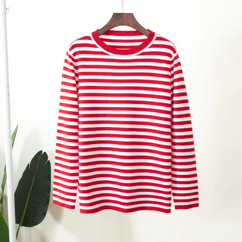 2024 Autumn Winter Knitted Stripe Sweater Women Loose Casual Thick Pullovers Female Warm Long-sleeved Round Neck Tops