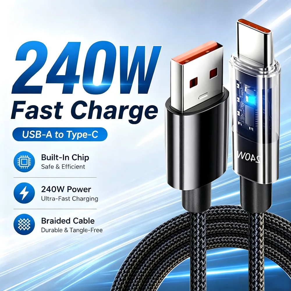 240W USB Type C Fast Charger Cable with Nylon Braiding for Fast Charging and Data Sync
