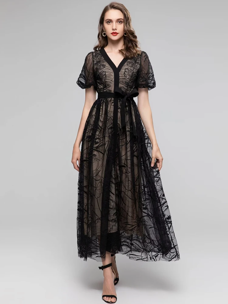 

New High Quality Fashion Women'S Summer Black Embroidered Lace Up Sexy Chic Sweet Office Girls Runway Elegant Unique Long Dress