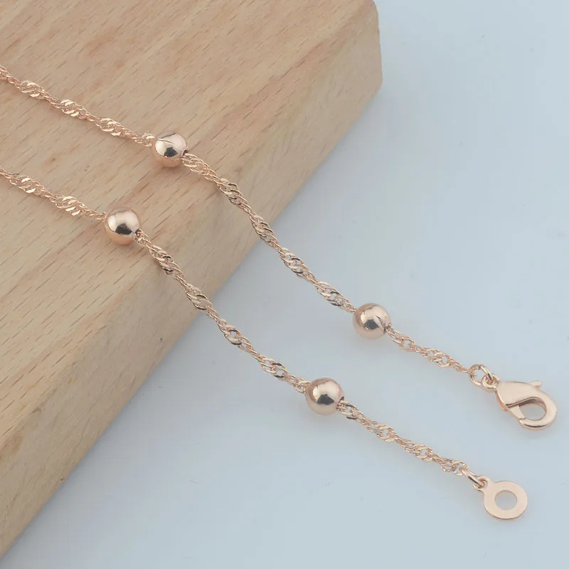 Rose Gold Necklace 3 Choose Slim Women 585 Rose Gold Color Beads Link Curb/Wave Necklace Chain 50cm 60cm