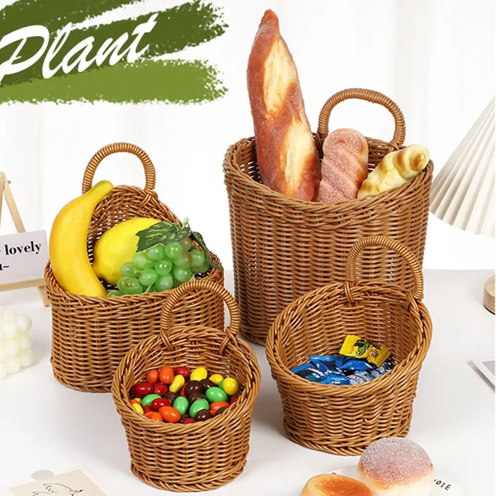 Description Picture 5 of itemImitation Rattan Kitchen Storage Basket Home Decoration with Handle Hand-woven Hanging Baskets Vegetable Fruit Flower Brown