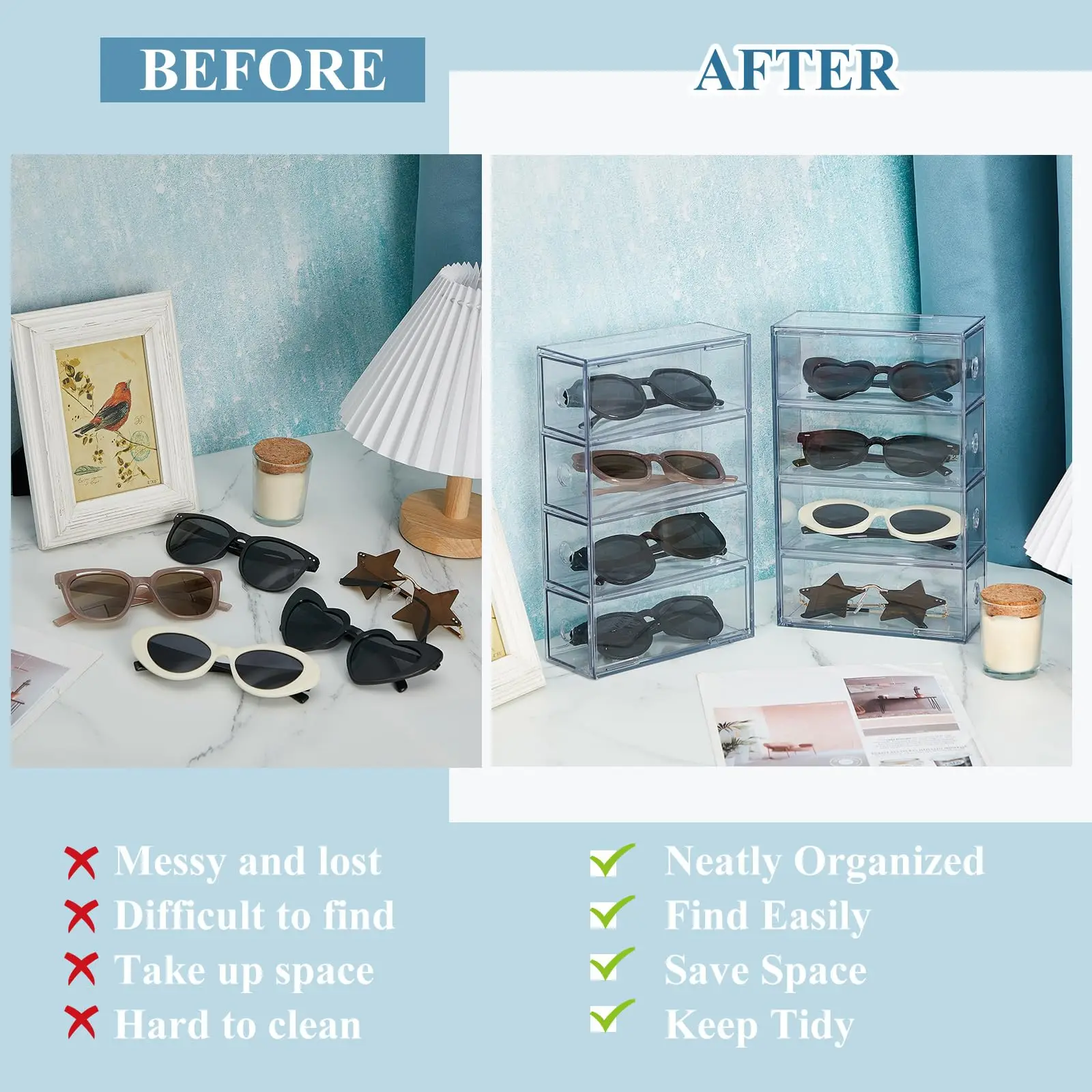 Acrylic Sunglass Organizer Clear Sunglass Holder with 4 Drawers for Women Eyewear Display Case Jewelry Watch Storage Box 4