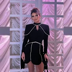 Ball Dress Evening Jersey Sequined Ruched Celebrity A-line High Collar Bespoke Occasion Gown Knee Length Dresses Saudi Arabia