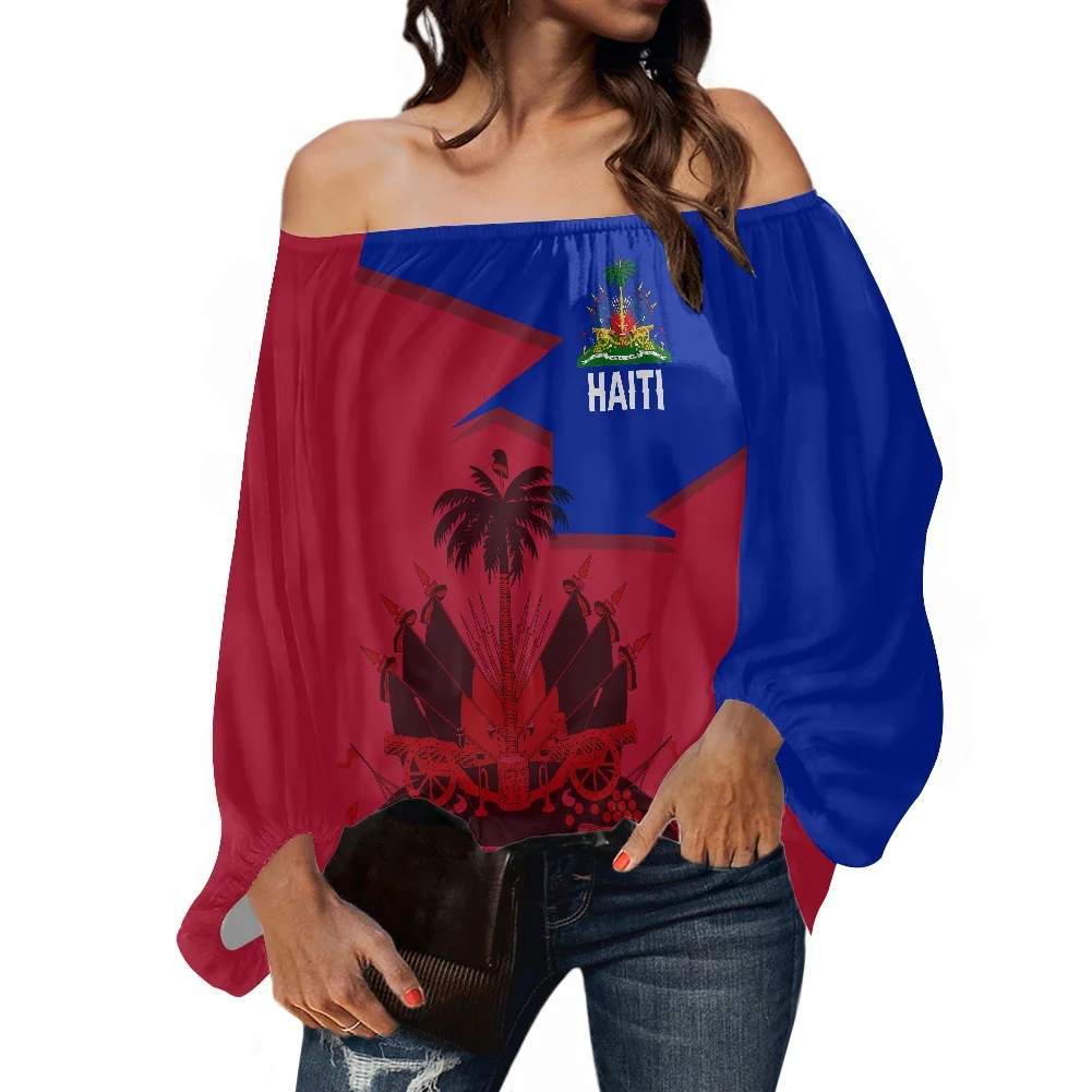 Casual Fashion Style Summer Ladies Shirt Retro Haiti Ornament Printing Off-The-Shoulder Chiffon Long-Sleeved Top