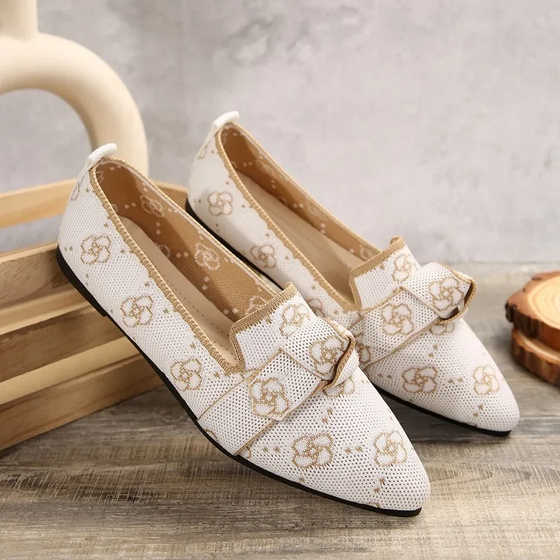 2024 Women's Knitted Slip on Flats Breathable Comfortable Solid Color Flat Shoes Casual Pointed Toe Walking Shoes Women Loafers 6