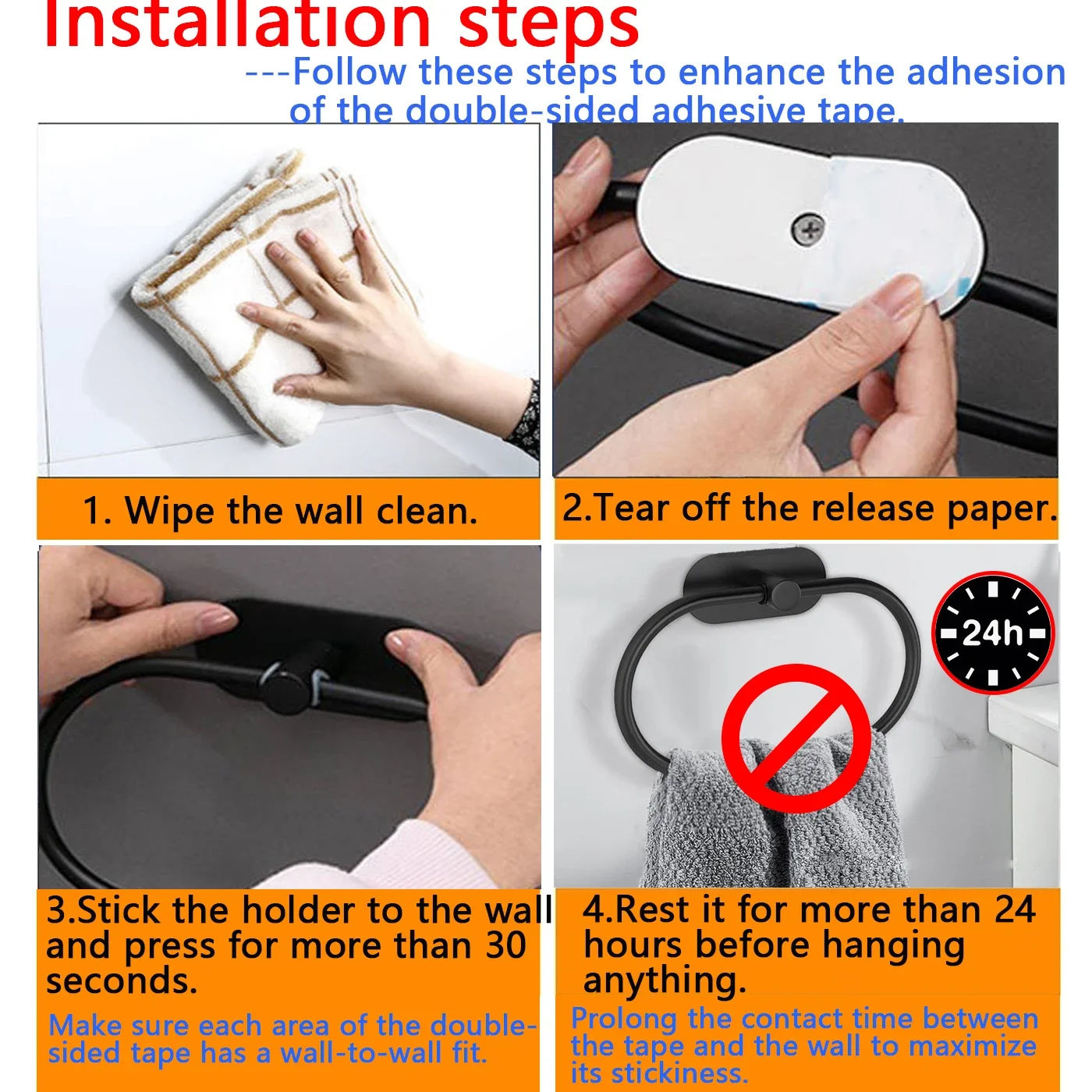 Description Picture 2 of itemStainless Steel Towel Holder Self-adhesive Bathroom Towels Rack Black Washhand Hanger Ring Rail Bar Kitchen Storage Accessories