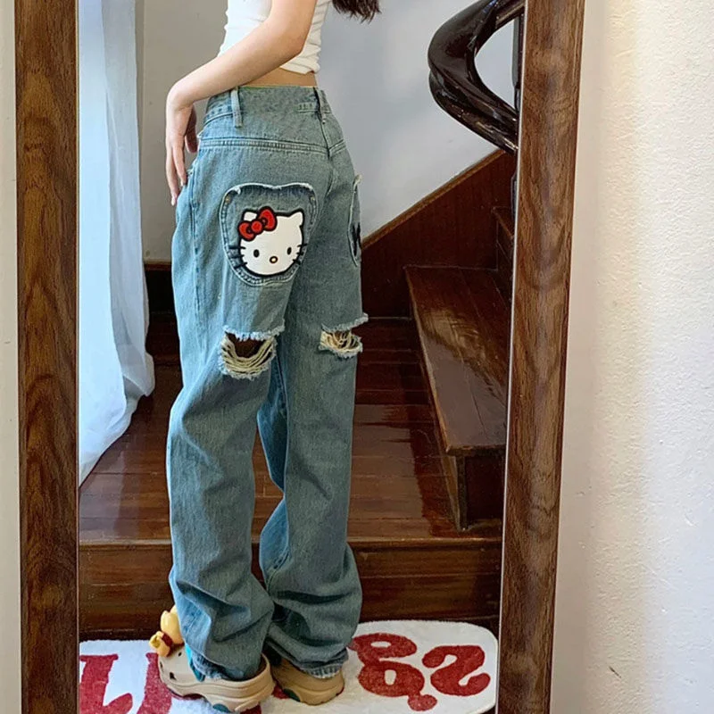 

Женские джинсовые брюки Sanrio, Hello Kitty Y2k, модные широкие брюки, уличная одежда, винтажные брюки, женские прямые джинсы с аниме