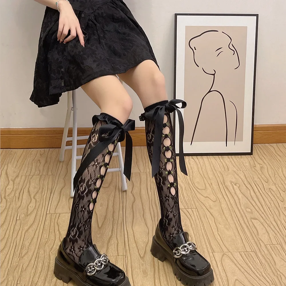 Frauen Sexy Spitze Mesh Weiß Schwarz Fishnet Kniehohe Lange Socken Dessous Nette Gothic Stil Rüschen Hohl Bogen JK Lolita Strümpfe – Detail 27