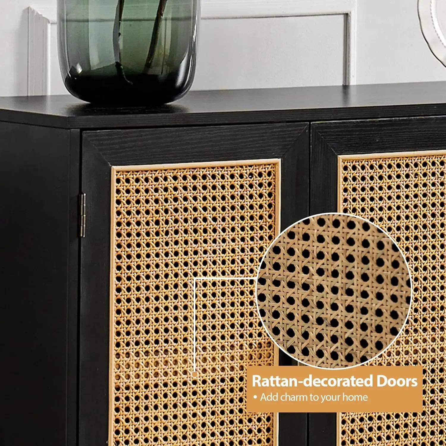 NEW-Accent Storage Cabinet with 3 Natural Rattan Doors & Wood Legs, 2-Tier Shelf Sideboard Buffet Cabinet, Cupboard Console Tabl