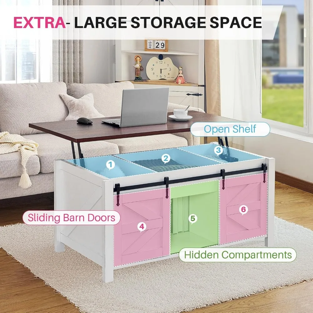 Lift Top Coffee Table,Coffee Table with Storage,47" White Coffee Table with Lifting Top, Lifting Tabletop with Sliding Barn Door 6