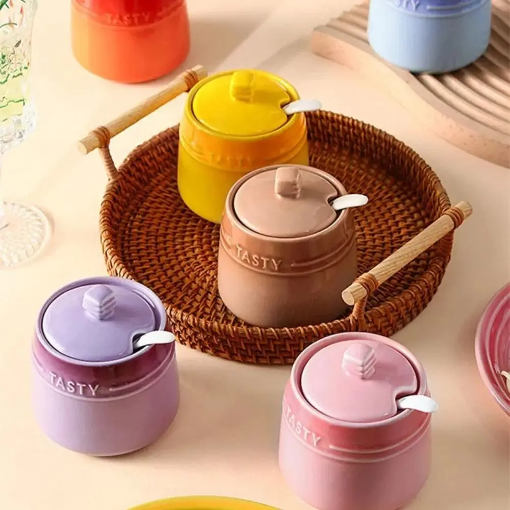 Spice Jar Gradient Colored Ceramic Spice Jar Creative Large Capacity Lid Sugar Pot Spoon Easy To Clean Condiment Storage Container Sugar Seasoning Jar
