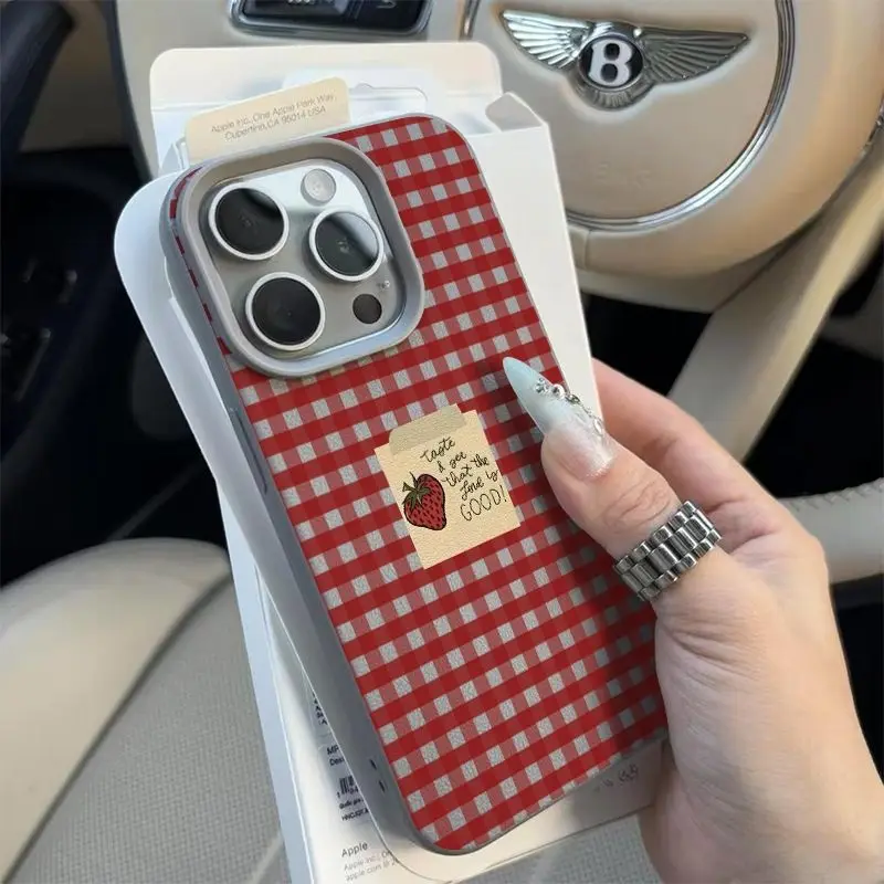 Red Grid Strawberry Pattern Phone Case - Stylish Bumper Cover