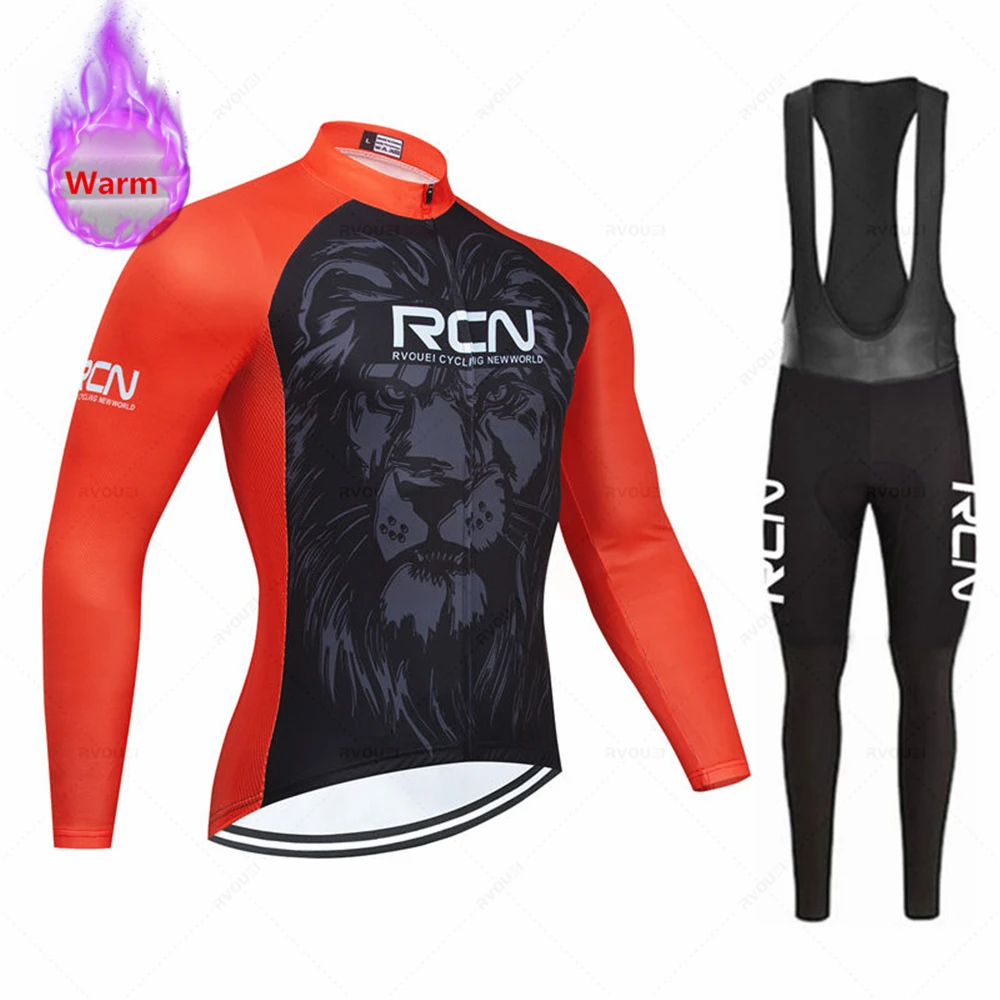 RVOUEI Winter Cycling Clothing Men, Long Sleeve Thermal Fleece Bicycle Jersey Set, MTB Warm Bike Jersey Set, Ropa Ciclismo Hombre