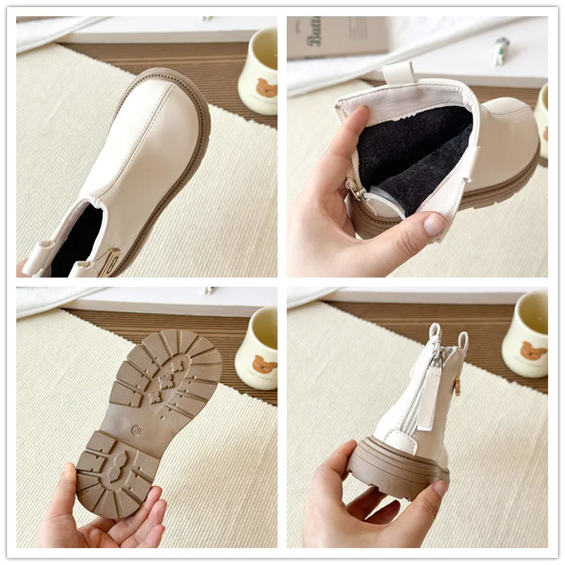 Girls Leather Ankle Boots Winter Kids Thick Sole Non Slip