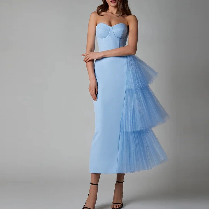 

Sexy Strapless Mesh Patchwork Evening Dress Lady Fashion Off Shoulder High Waist Dress 2023 New Hollow Out Backless Long Dresses
