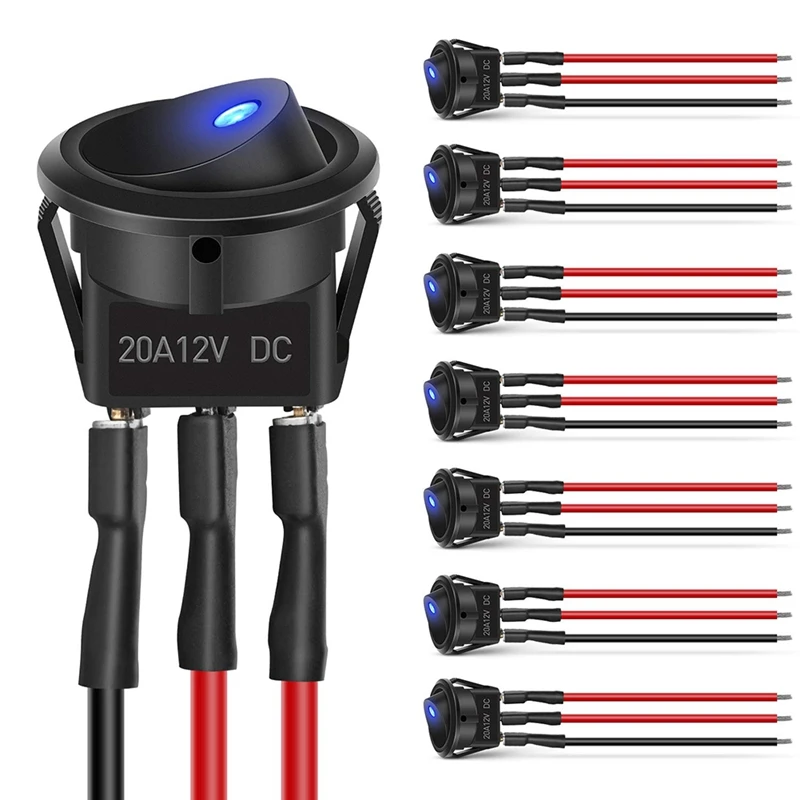 

8PCS 12V 20A Round Blue Toggle LED Rocker Switch On-Off Control SPST 3Pins For 12V Car Truck Boat With 24PCS Wires