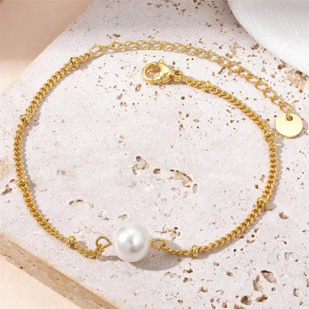 New Minimalist Single Imitation Pearl Bracelet Stainless Steel Hypoallergenic Chain Bead Bracelets Elegant Jewelry Gift for Her