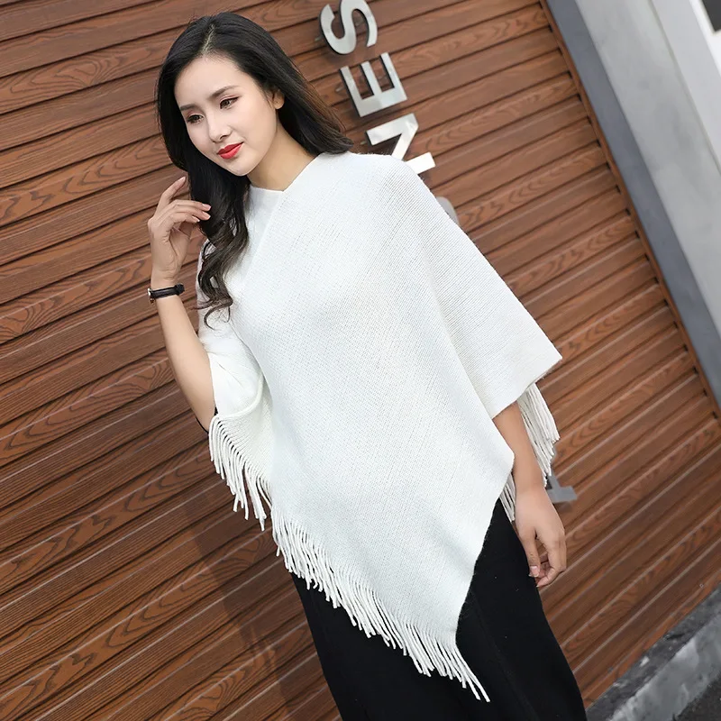 

Spring Autumn Korean Women's Wear V-neck Solid Color Tassel Splicing Shawl Cloak Sweater Women Wear Sunscreen Coat White