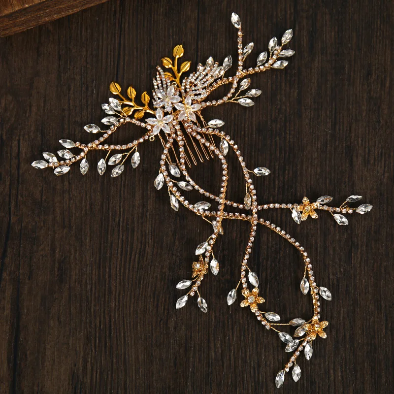 Luxus Braut haarkamm lange Kette Strass Kopf bedeckung Gold Silber Blume Stirnband Hochzeits schmuck Kristall Kopf bedeckung Ornamente – Detail 7