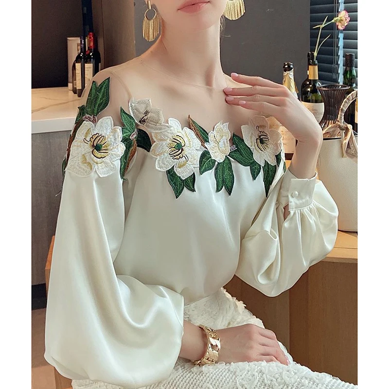 Embroidered Mesh Patchwork Blouse for Women