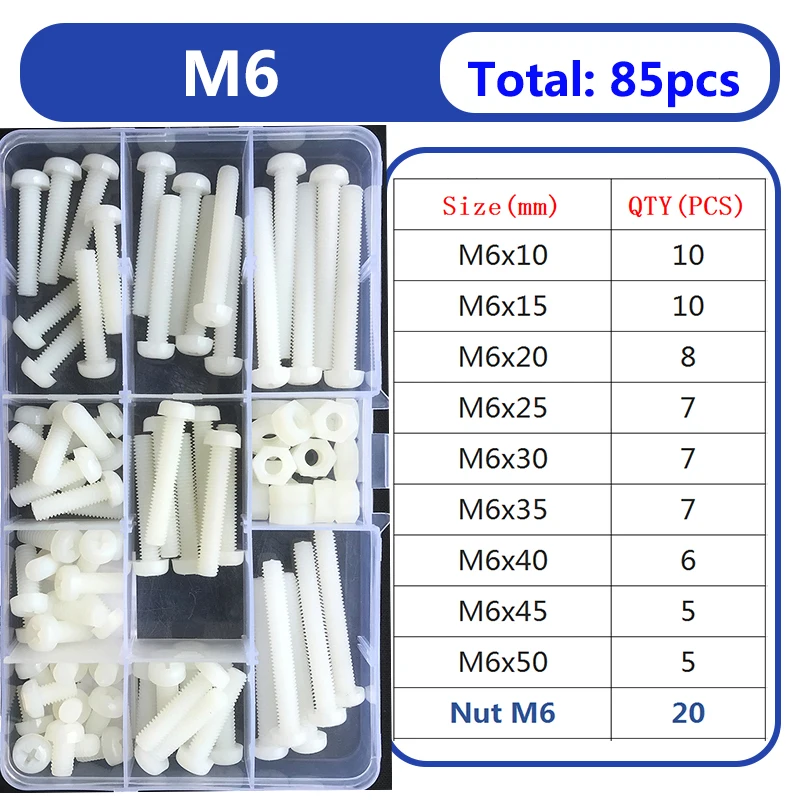 White Nylon Plastic Phillips Pan Cabeça Combinação Parafuso e Porcas Grupo Parafuso de Parafuso Isolado Cruz Cabeça Redonda m2 M2.5 m3 m4 m5 m6