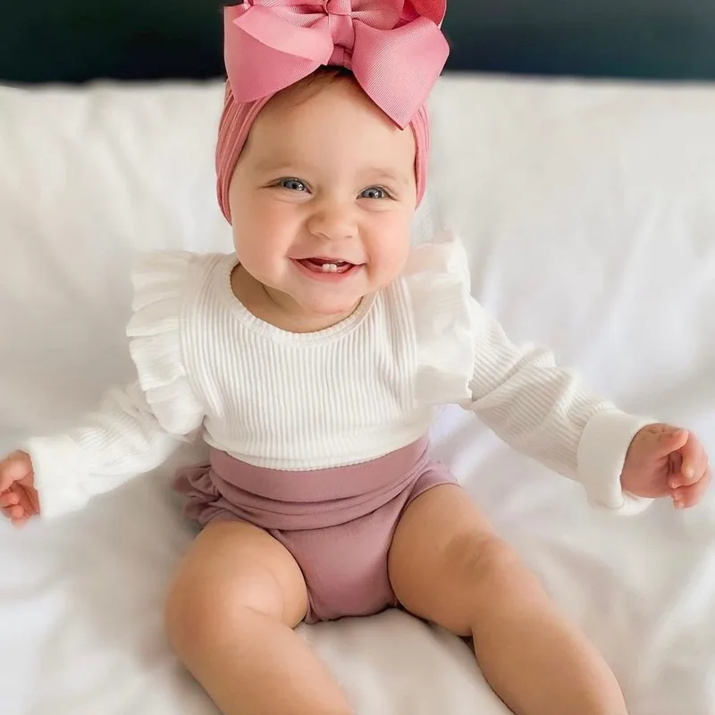 Spring Newborn Infant Baby Girls Romper + Headband Muslin Ruffle Long Sleeve Rompers Kids Onepiece Cotton Baby Clothing Garment