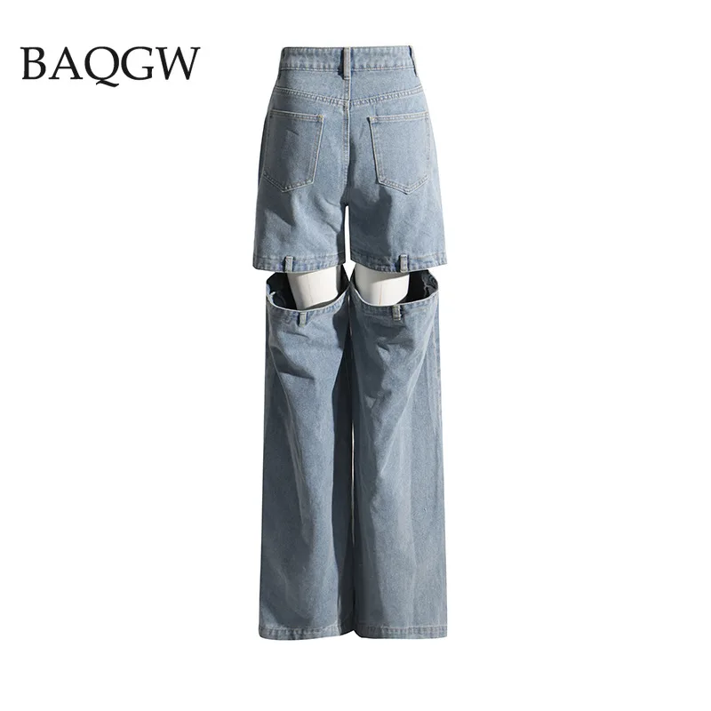 Chic Spliced Zipper Jeans Pants for Women High Waist Patchwork Pockets Cut Out Design Casual Denim Trousers for Female Fashion