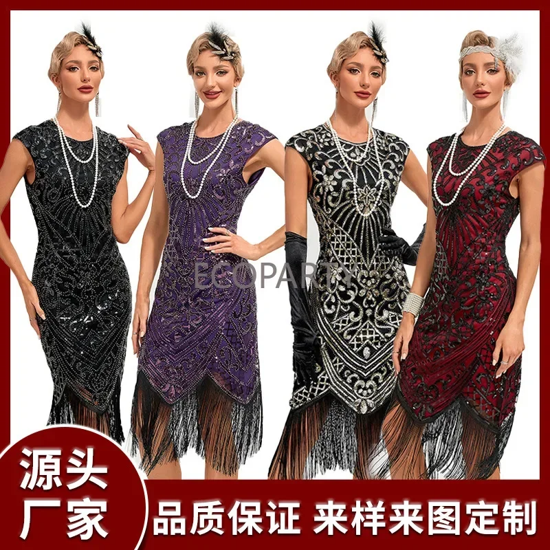 

235-2023 New Design Women 1920s Vintage Big V-Neck Flapper Fringe Beaded Great Gatsby Party Cocktail Dress Plus Size S-3XL