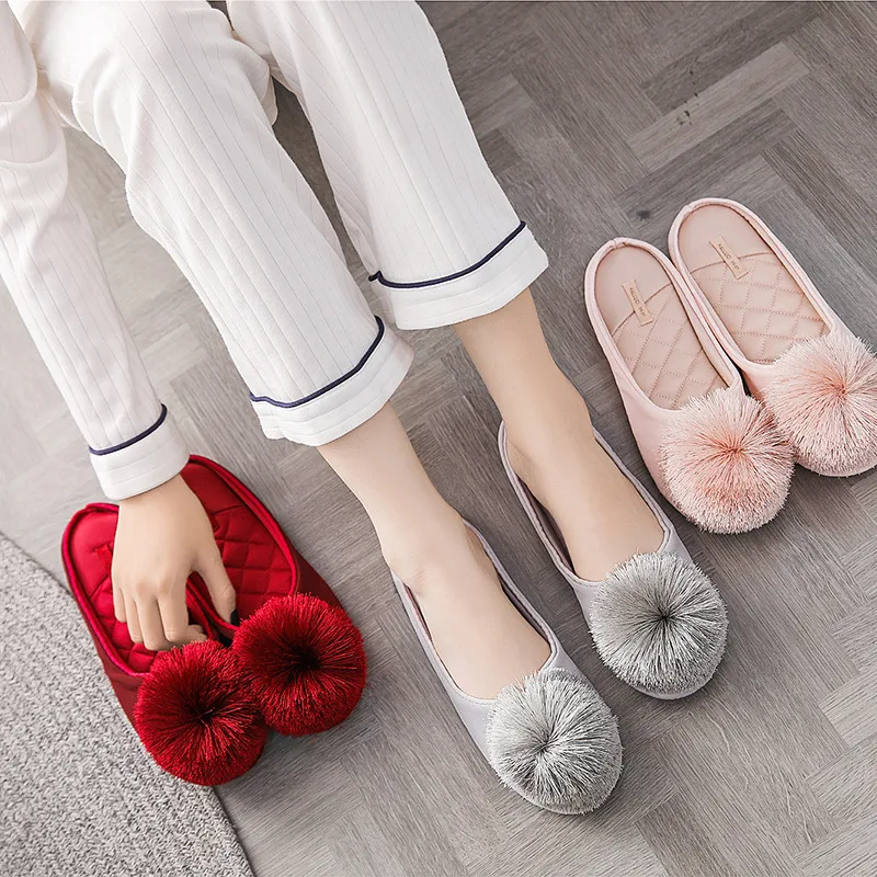 Women Satin Home Slippers With Plush Ball Cat Non-Slip Soft Warm House Indoor Bedroom Girl Memory Foam Floor Shoes — view 2
