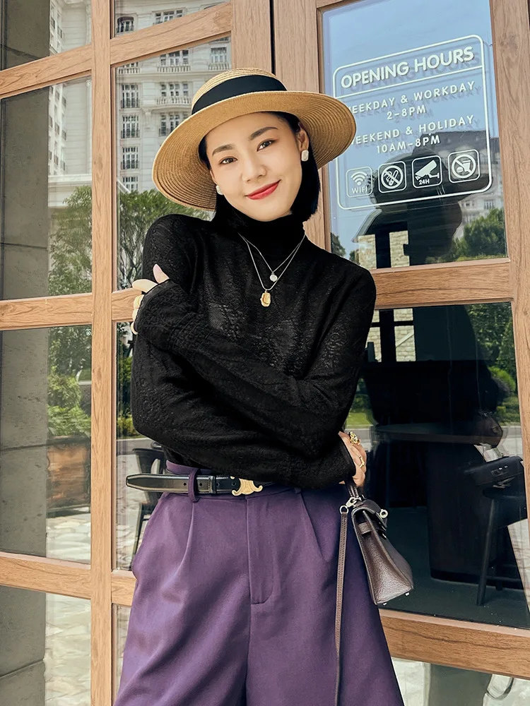 Women's Fine Wool Silk Sweater, Lace Half-High Collar, Lotus Leaf Sleeve Pullover, Bottoming Shirt, Knitting Tops Spring, Autumn