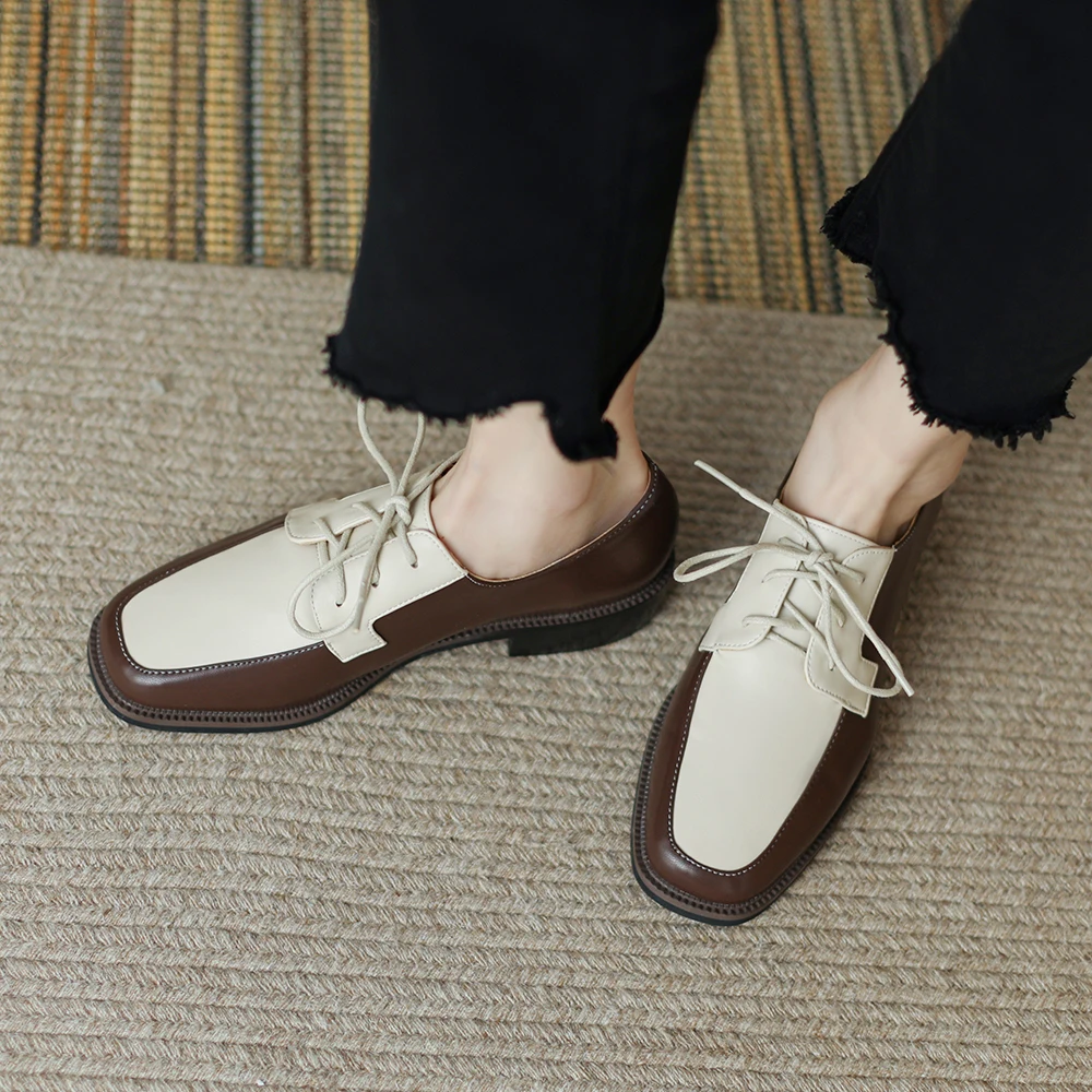 Women Oxford Shoes Leather Mary Jane Shoes Women Slippers Sandals British Style Women Lace Up Oxfords Spring/Autumn Brogue Flat Shoes