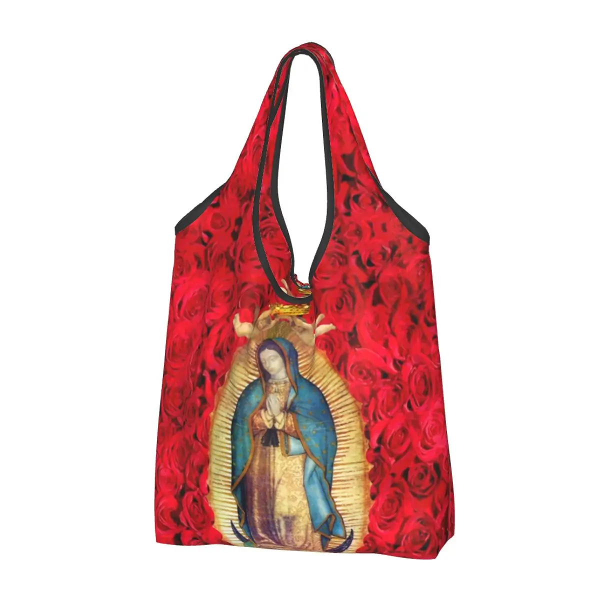 

Guadalupe Virgin Mary With Flowers Groceries Shopping Bag Shopper Tote Shoulder Bag Large Capacity Portable Catholic Handbag
