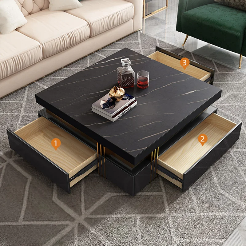 Luxury Design Furniture Metal Sofa Center Tables Marble Coffee Table With Drawers Tv Stand And Coffee Table Set