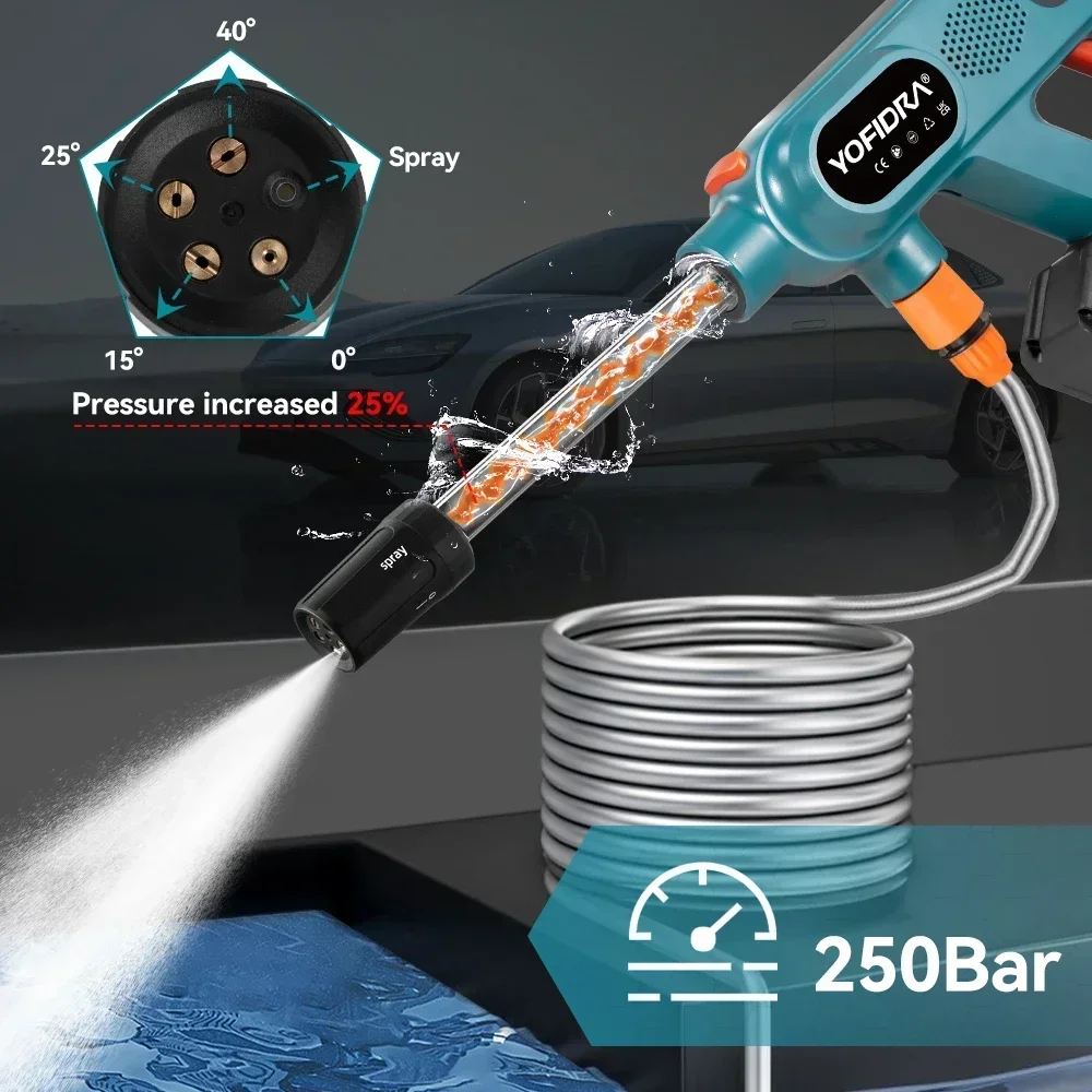 YOFIDRA 250Bar Brushless Electric High Pressure Washer Gun 3 Gear Power Home Car Washing Water Spray Gun for Makita 18V Battery 2