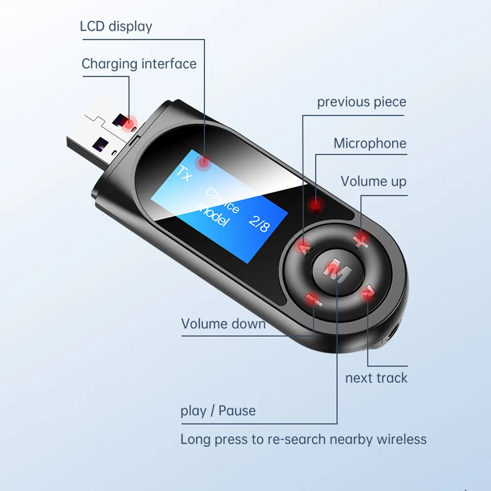 Car Bluetooth 5.0 Adapter Wireless Audio Transmitter Receiver 3.5 AUX USB Dongle Hands Free Call With LCD Display for PC Phone