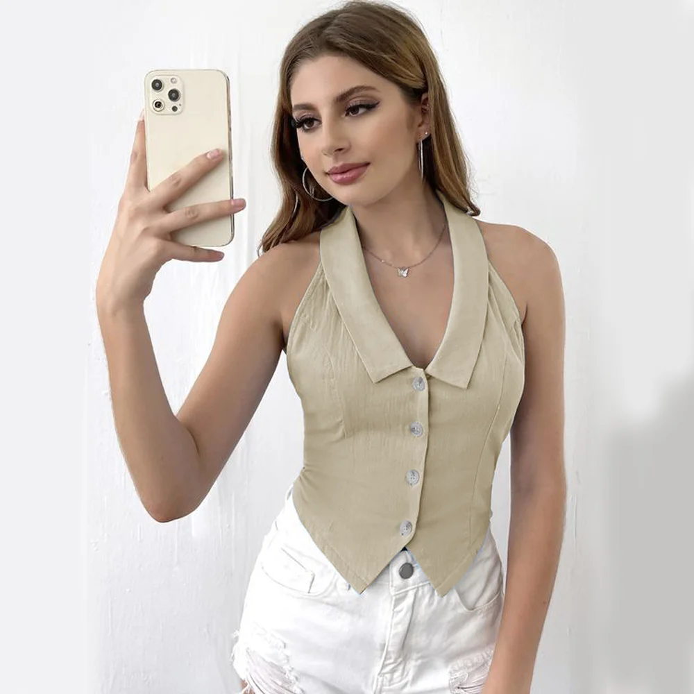 Women's suit vest linen single breasted sleeveless casual elegant solid color 2024 spring/summer new short vest