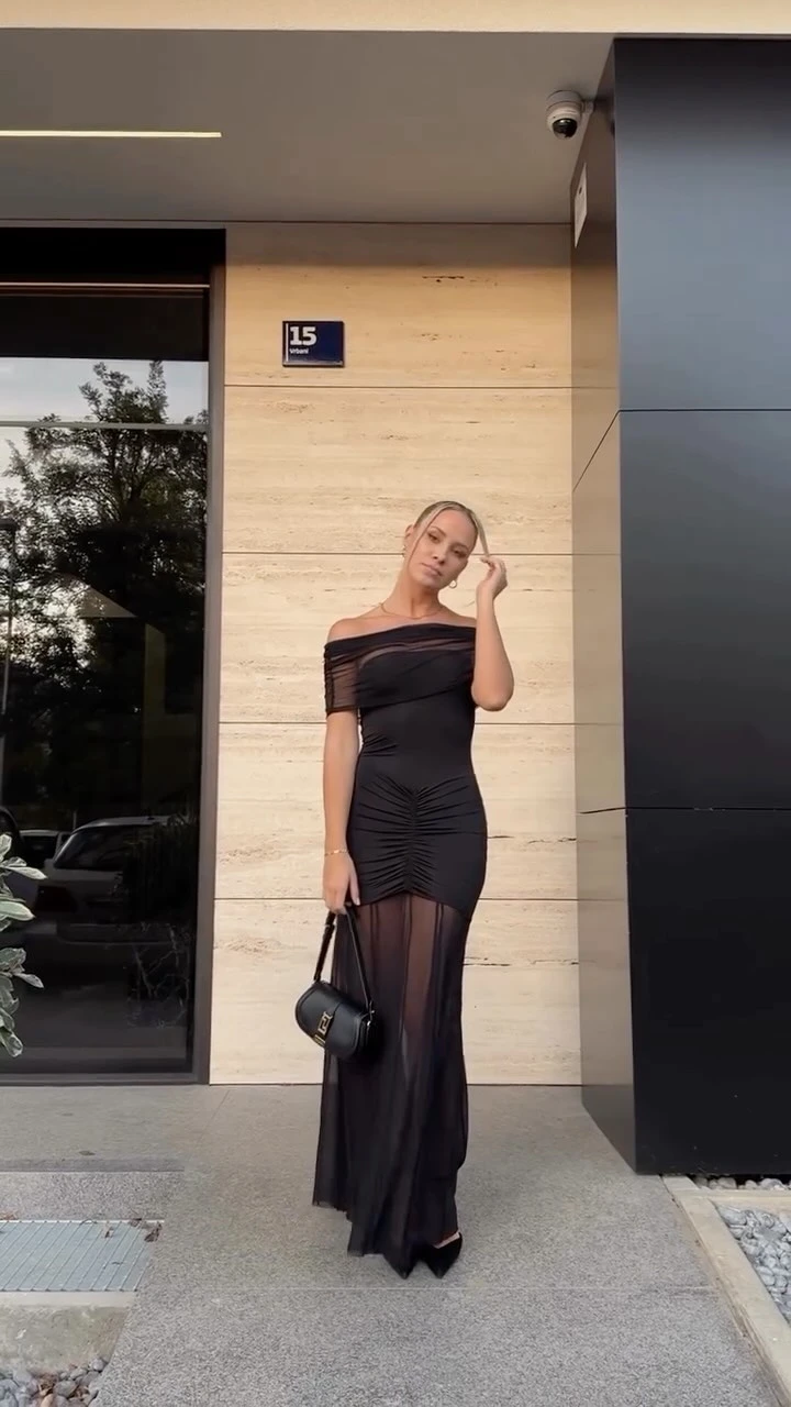 Autumn Mesh 2 Piece-Set Long Dress Women Off-Shoulder Pleated Elegant Bandeau Dress See-Through Female Maxi Dress Outfits