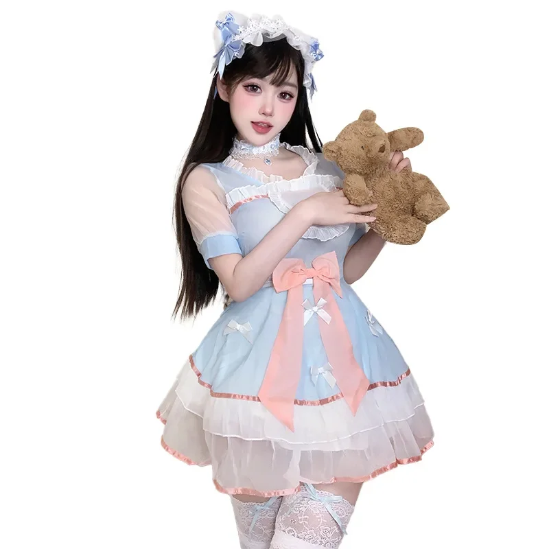 Sexy Lolita Dress Mesh See-through Sweet Servant Outfit Roleplay Woman Erotic Lingerie Maid Uniform Anime Cosplay Charm Costumes