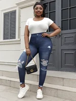 Plus Size Women's Slim Fit Leggings Imitation Jeans Print Faux Broken Hole Design Stretchy Pants Female Casual Knitwear Bottoms - Image 6