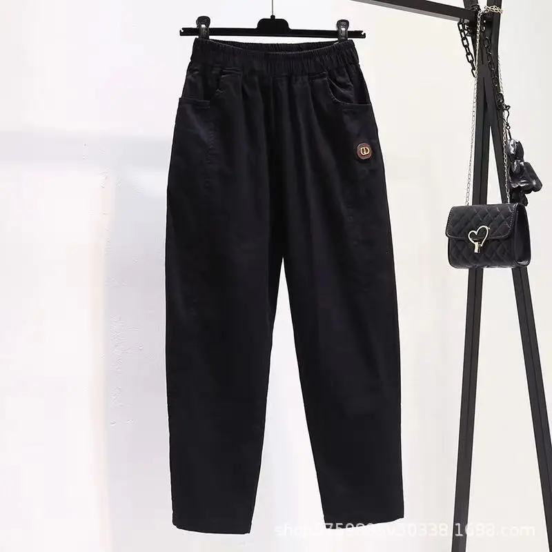 Spring Women New Loose White Thin Style Straight Cylinder High Waisted Pure Cotton Solid Color Elastic Waist All-match Trousers