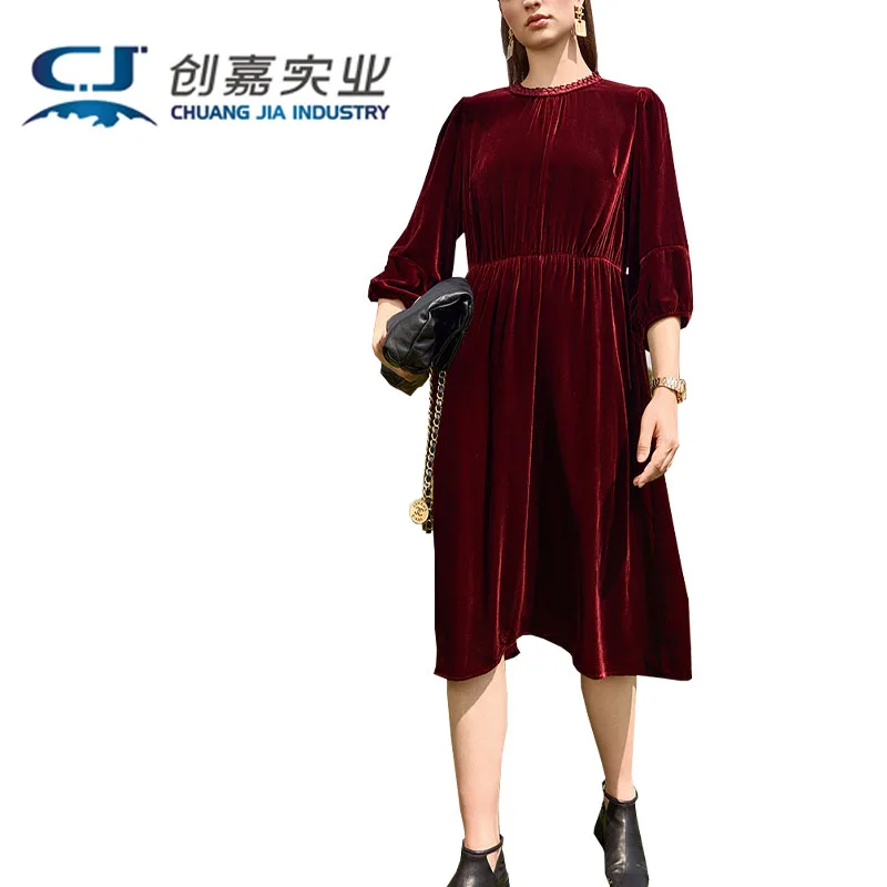 

Silk Velvet Spring and Autumn Women Dress Seven Points Lantern Sleeve Burgundy Skirt Silky Luster Elegant High-grade Fashion