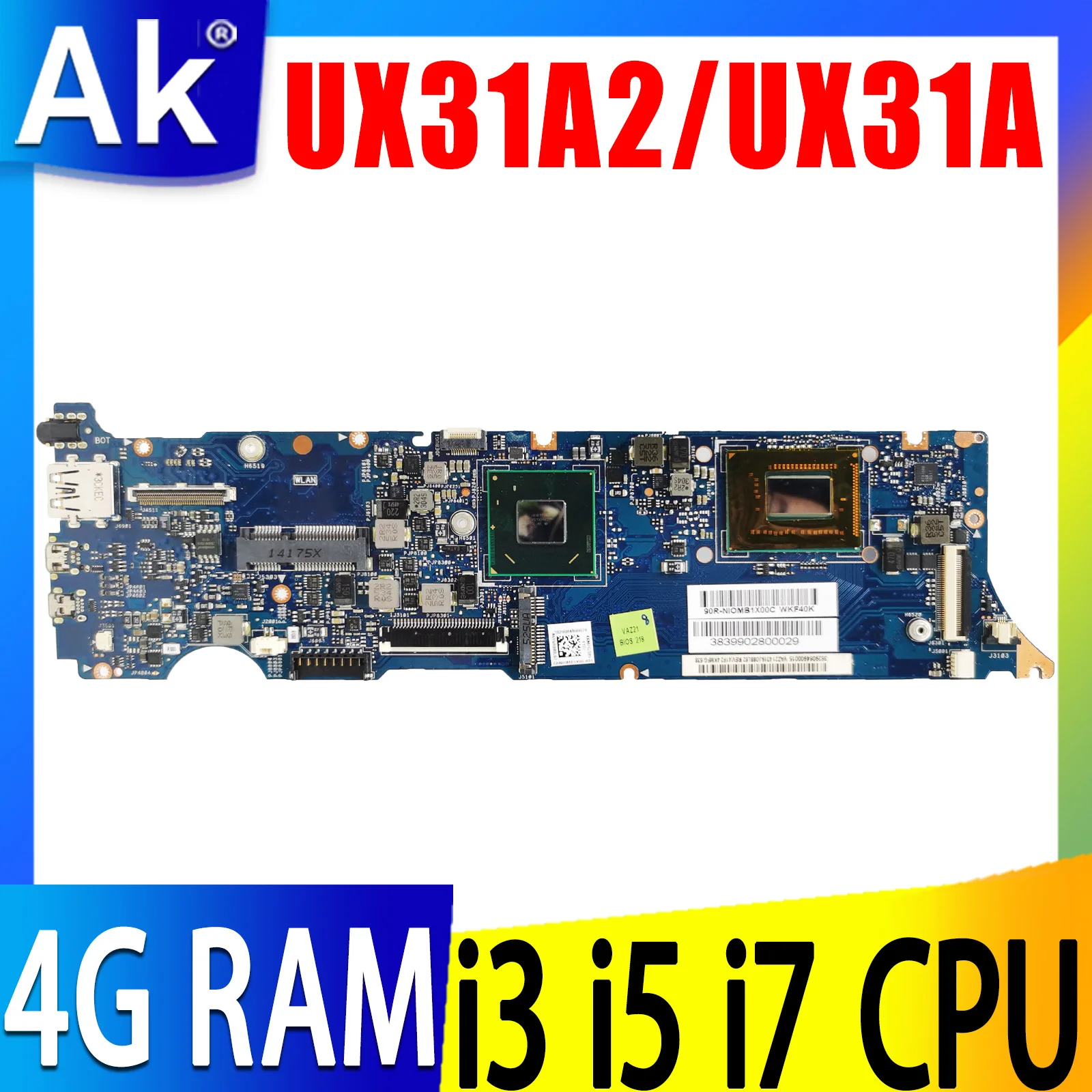 

original UX31A Mainboard I3 I5 I7 3th Gen CPU 4GB RAM For ASUS UX31A UX31A2 Laptop Motherboard