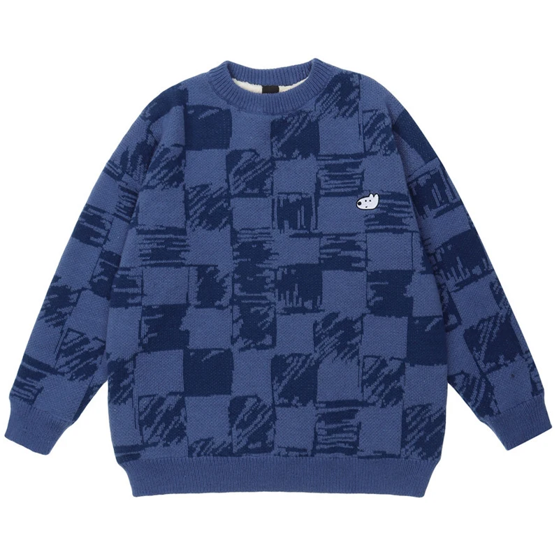 

Graffiti Plaid Round Neck Long Sleeve Sweater Men's Fashion Casual Loose Pullover Couple Campus Style Comfortable Knitwear