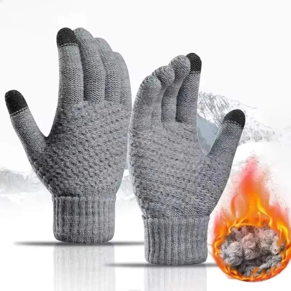 New Men Women Warm Winter Touch Screen Gloves Stretch Classical Knit Mittens Wool Full Finger Outdoor Cycling Driving Female 2
