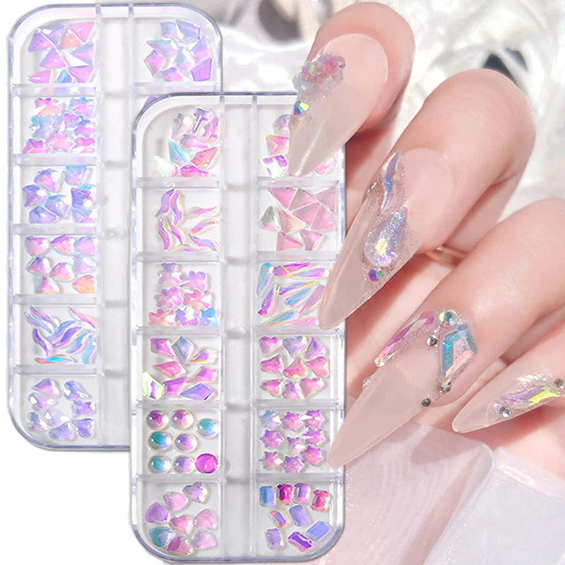 

12Grids Mixed Shape Colorful Nail Rhinestones 3D Nail Charms Glitter Crystal Flatback Rhinestone Nail Gems Nail Art Decoration