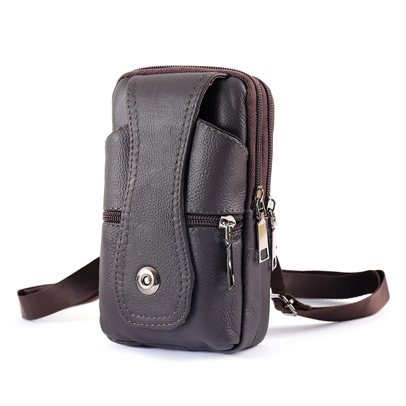 Men's Brown Leather Multi-Layer Buckle Waist Bag with Large Capacity