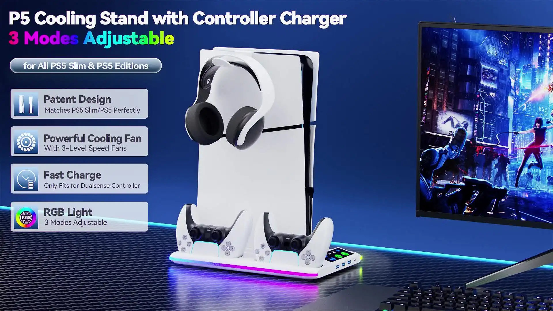 Подставка для хранения PS5/PS5 Slim/PS5 Pro с вентилятором и подставкой зарядного